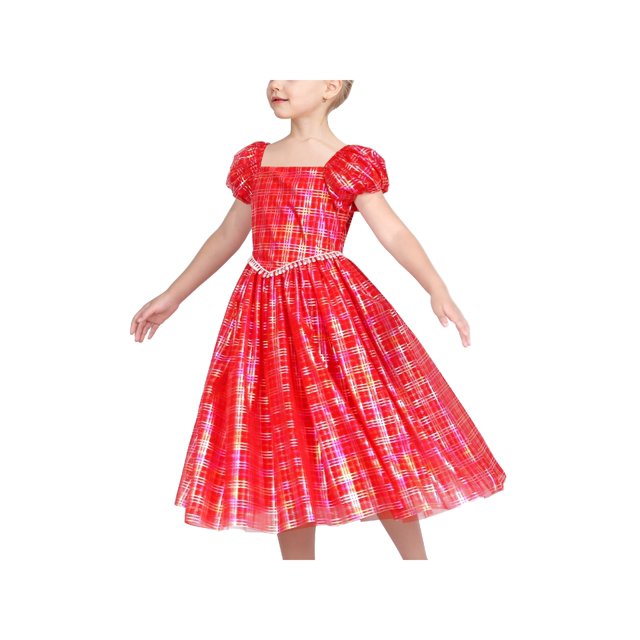 Girls Dress Red Gradient Color Check Plaid Puff Sleeve Christmas 8 Years