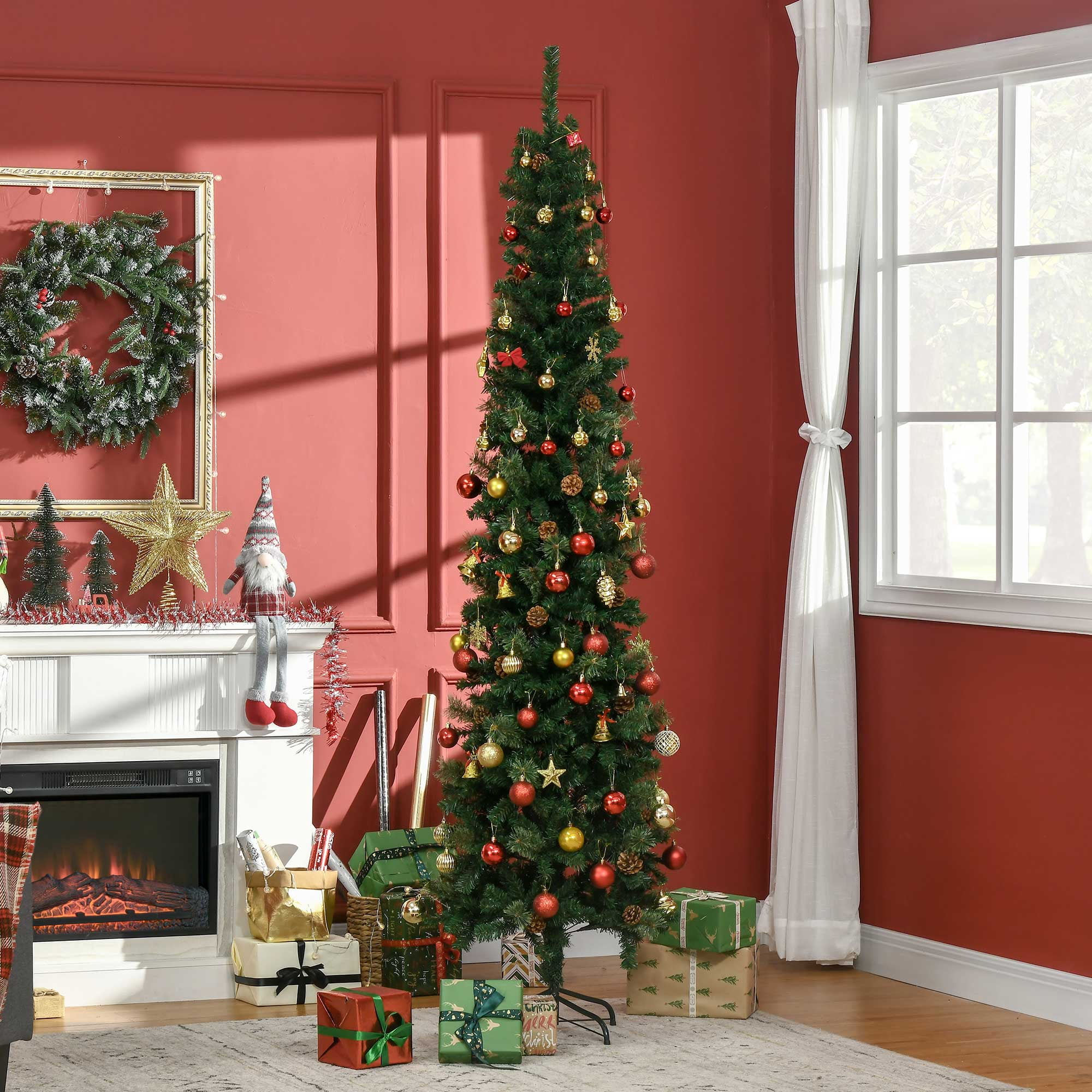 7.5ft Unlit Pencil Christmas Tree 706 Tips Pine Cones Flame Retardant Small Space Holiday Decor