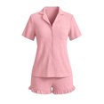 thumbnail image 4 of Maqroz Womens Two Piece Pajama Sets Short Sleeve Button Down Shirts Ruffled Hem Shorts Casual Matching Outfits Cozy Solid Nightwear for Daily Nights, 4 of 6