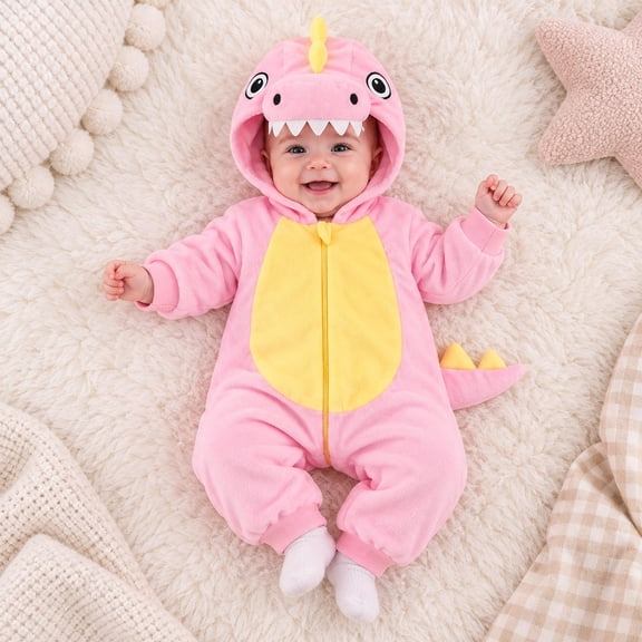 MEZZALL Christmas Toddler Boys Girls Jumpsuit Long Sleeve Cartoon Dinosaur Design Hood Romper Clothes Zip Up Onesie One-Pieces