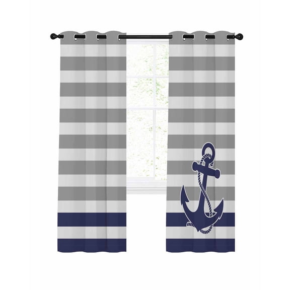 Anchor Gray Blackout Curtains 63 Inches Long for Bedroom, Modern Navy Blue White Striped Nautical Thermal Insulated Room Darkening Black Out Window Curtain Panels Grommet Drapes for Living Room