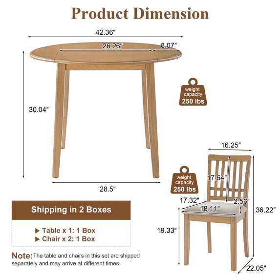 Harper & Bright Designs Round Folding Dining Table Set for 2, Wooden Farmhouse Breakfast Nook Table with Drop Leaf and 2 Upholstered Chairs for Small Places Kitchen Dining Room, Brown