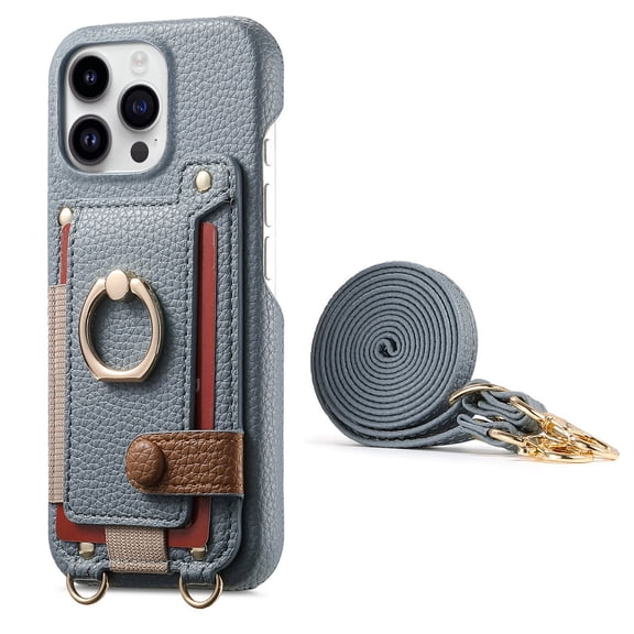 For iPhone 15 Pro Phone Case,With 360° Rotatable Ring Kickstand,Detachable Long Shoulder Strap,Card Slots,Shockproof Anti-fall PU Leather Anti-Scratch Back,Durable Wallet Phone Case,Blue