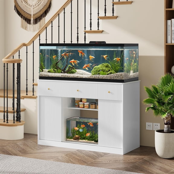 PYY Stable Aquarium Stand for 55-75 Gallon Tanks with Power Outlet, LED Lighting, Storage Cabinets, Drawers, Sliding Barn Door – Supports Dual Fish Tanks – White Vertical Grain