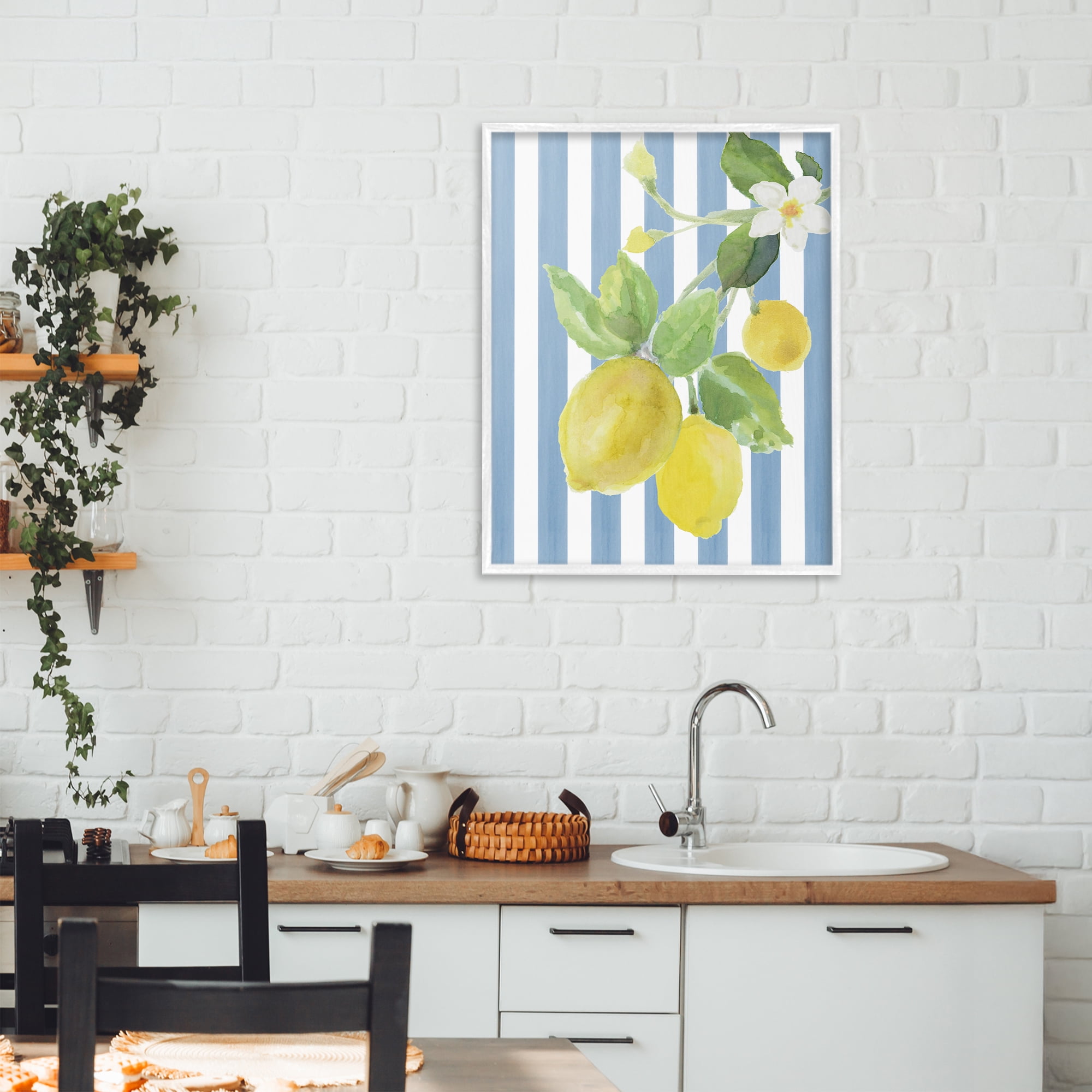 Stupell Industries Lemon Blossom on Blue Stripes White Framed Giclee Art, design by Lanie Loreth
