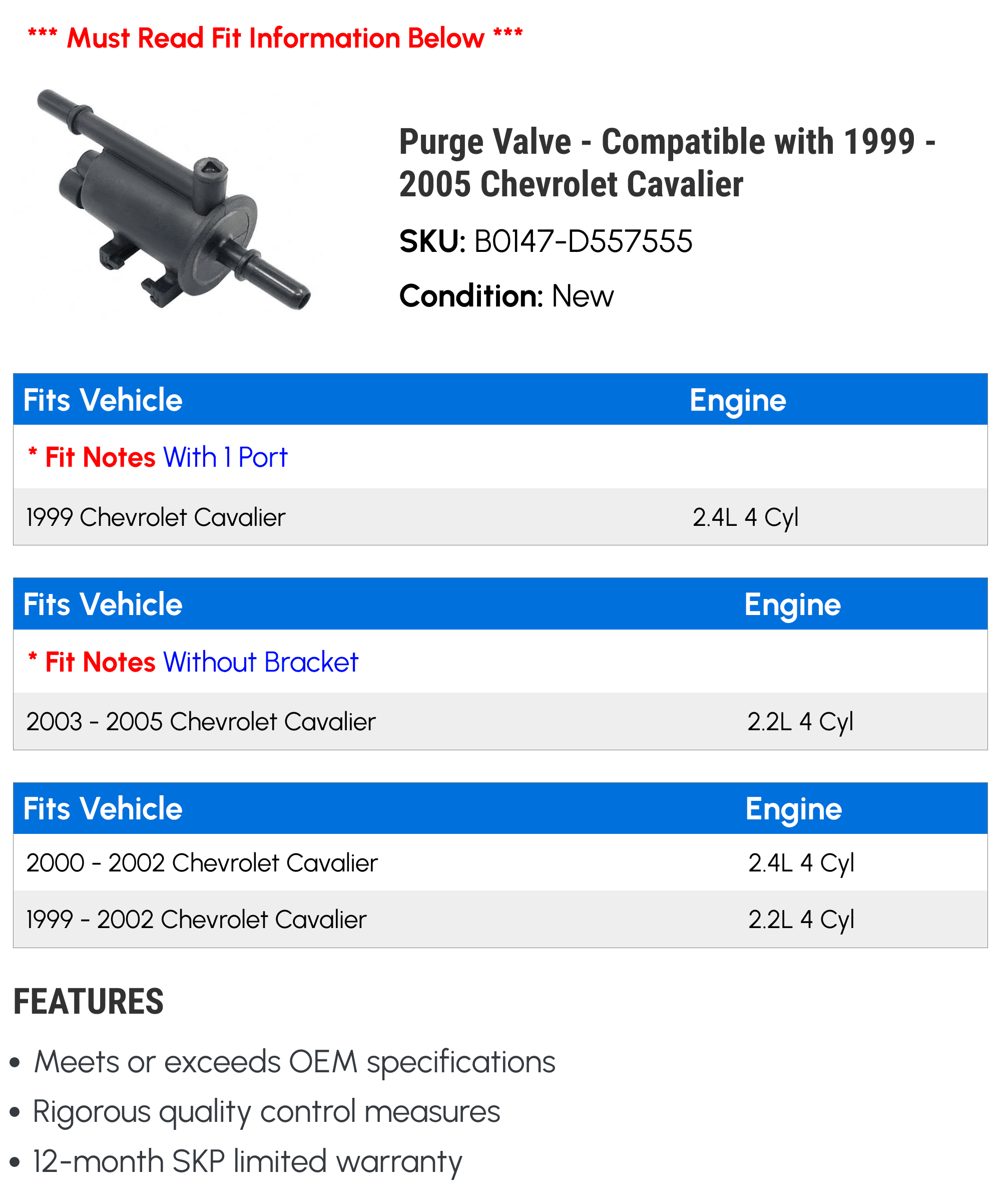 Purge Valve - Compatible with 1999 - 2005 Chevy Cavalier 2000 2001 2002 2003 2004