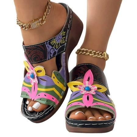 

GERsome Bohemian Wedge Sandals for Women Hollow Out Slip On Platform Wedge Sandals Summer Casual Sandals Walking Shoes