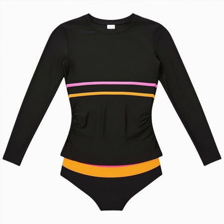Nwiuh Girls Long Sleeve Dual Color Stripe Modest Rash Guard Swimsuit Top with Swim Bottoms Bathing Suit Black for Size 11-12 Years