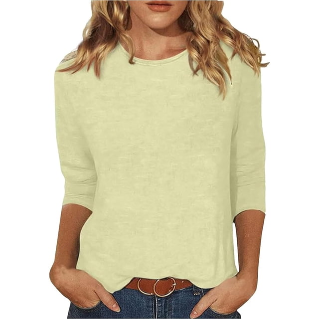 Womens 3/4 Sleeve Tops Casual Loose Fit Tees Crew Neck Solid Color Cotton Shirts