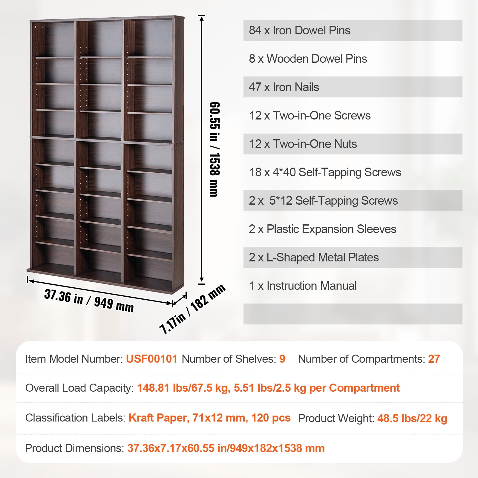 SKYSHALO Media Organizer Cabinet, 9-Tier DVD Rack for 756 CDs, Flexible CD Shelving with 27 Units, Safeguards & Sorts Music, Films, Video Games & Collectibles, Espresso Finish