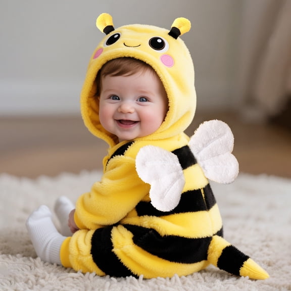 XXWXYD Bee Hooded Jumpsuit for Baby Boys Girls Fleece Romper with 3D Antennae Wings and Striped Tail Halloween Dress Up Outfit Clothes for Newborn Infant