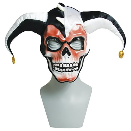 Mardi Gras Joker Clown Creepy Skull Mask Jester Hat with Bells Halloween Costume