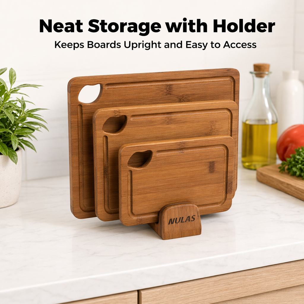 NULAS 4-Piece Bamboo Cutting Board Set with Holder and Handles photo 8