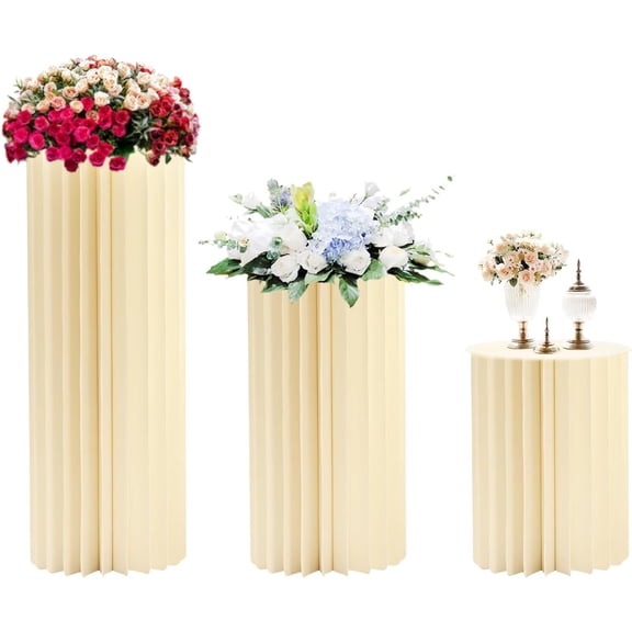 3PCS Cylinder Flowers Stand Dessert Table Columns Display Paper Roman Pillar Foldable Cardboard Centerpiece Display with 3pcs Disc for Wedding Party Garden Decoration