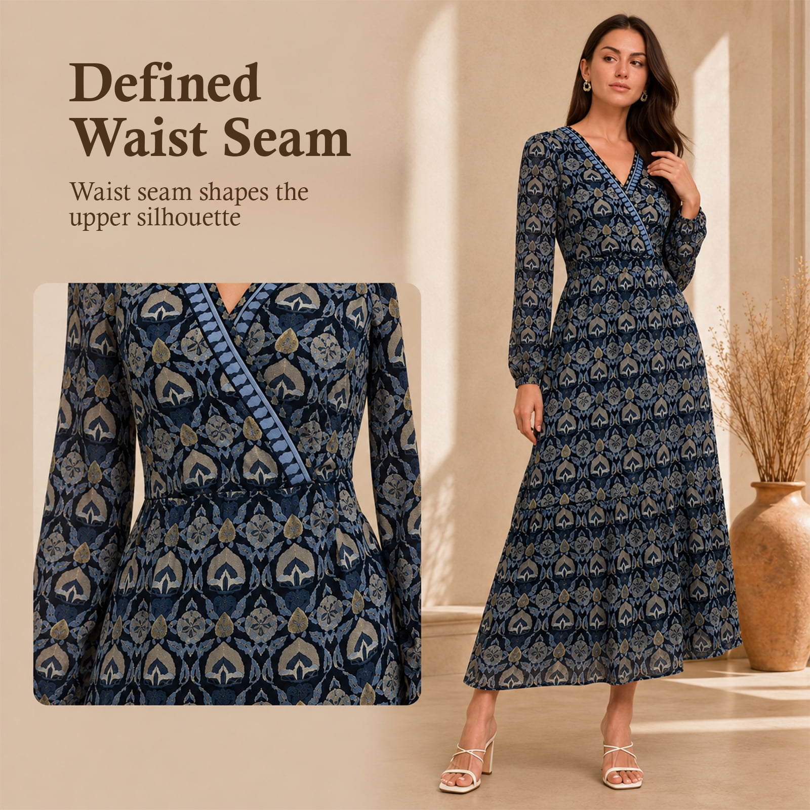 Alvantor Women's Printed Midi Dress, V-Neck Gathered Sleeve Tiered Style, Blue Multi
