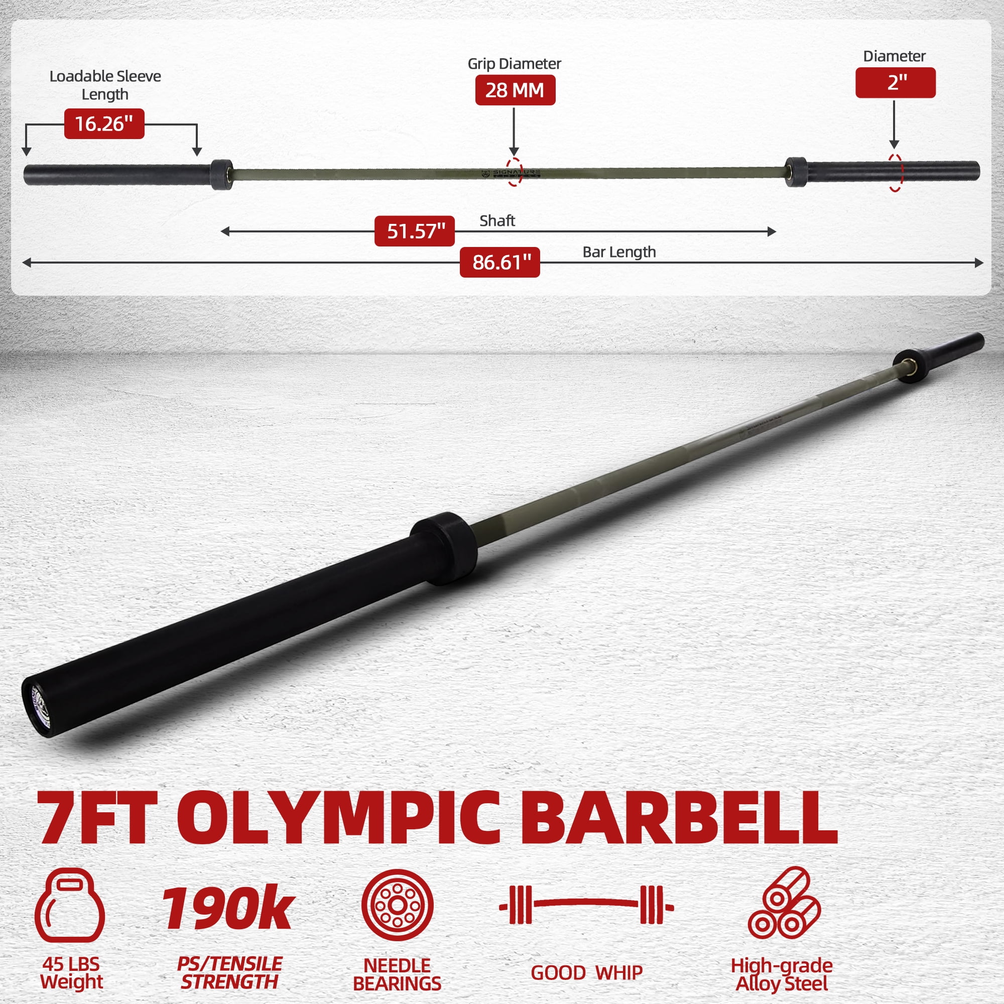 FlexWave Straight Olympic Barbell, Alloy Steel with Ceramic Coating, 2-Inch Diameter, 7FT, Available in Multiple Colors