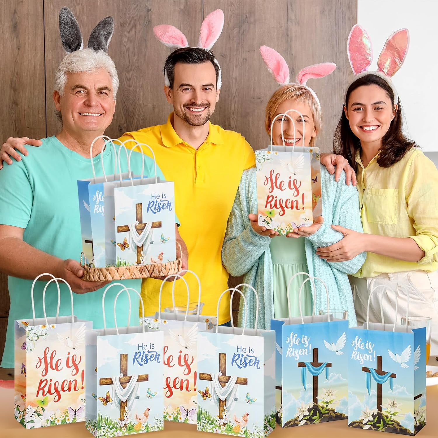 30Pcs Easter Gift Bags with Handle He Is Risen Party Favor Paper Christian Church Religious Cross Goodie Candy Treat Paper Bag for Easter Resurrection Baptism Birthday Wedding Decor