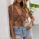 thumbnail image 2 of Camisa corta con lazo para mujer, Color puro, manga abombada, cuello en V profundo, Top de verano para mujer para fiesta y vacaciones, marrón oscuro M, 2 of 6