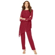 Roaman's Women's Plus Size Plus-Size Asymmetrical Lace Pant Set –Long Sleeve Lace Scalloped Tunic & Elastic Waist Pants
