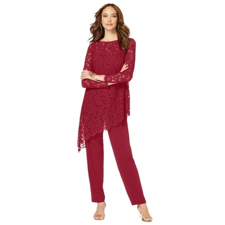 Roaman's Women's Plus Size Plus-Size Asymmetrical Lace Pant Set –Long Sleeve Lace Scalloped Tunic & Elastic Waist Pants