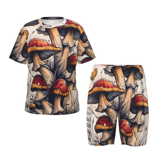 Fotbe Cute Forest Mushrooms Pijama Estampada de 2 Piezas para Niños – Ropa de Dormir de Manga Corta Cómoda para Niños y Niñas, Camiseta y Shorts de Algodón-Small