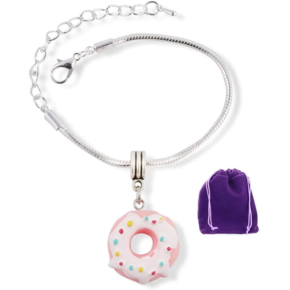 Emerald Park Jewelry Donut Bracelet | (Pink White Icing Sprinkles) Snake Chain Charm Pastry Bracelet