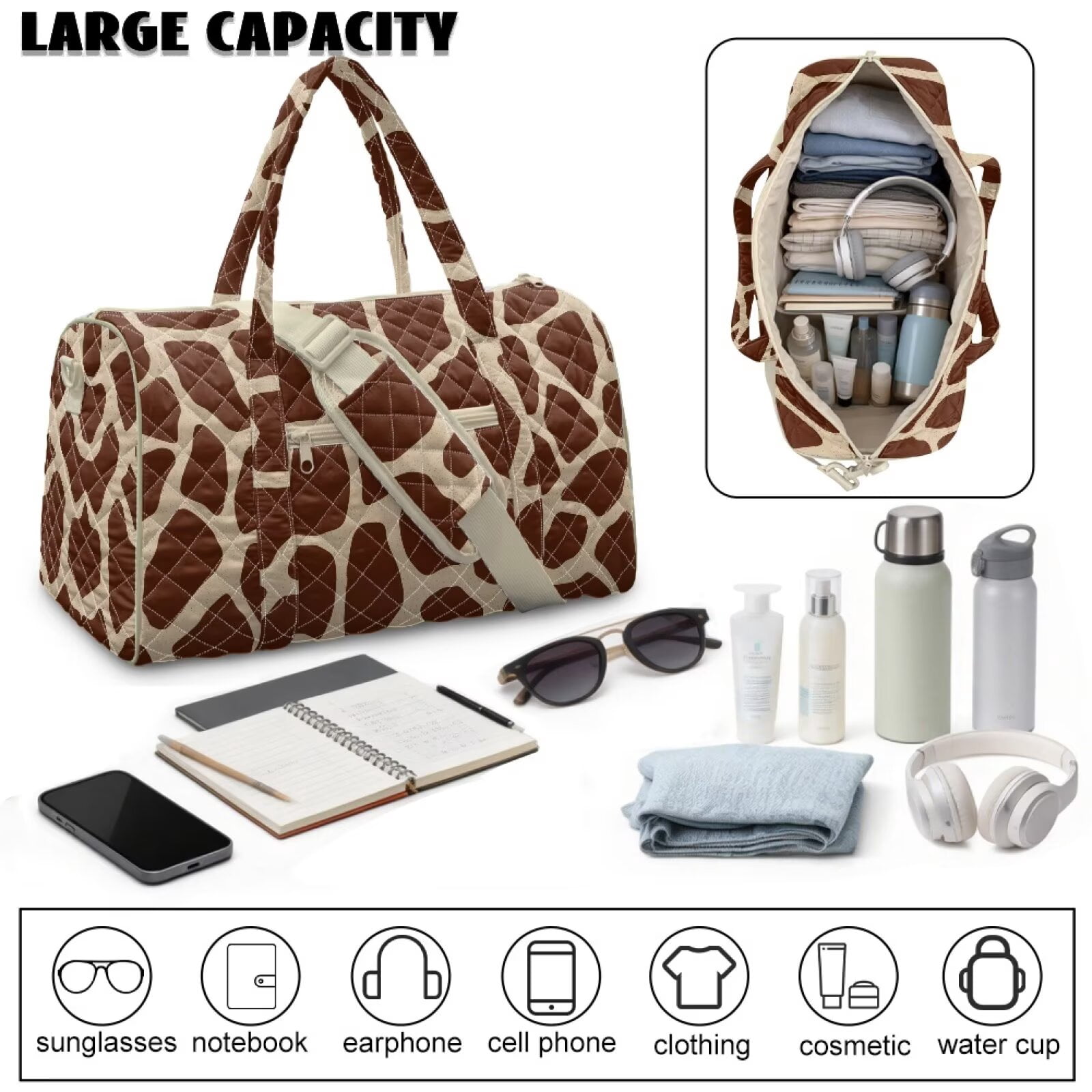 Xixirimido Brown Giraffe Skin Print Travel Duffle Bag Weekender Overnight Hospital Bags for Women Lightweight Carry-on Gym Bag for Travel, Airplanes, Sports