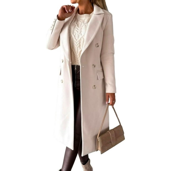 FUNING  Womens Long Wool Coat Double Breasted Trench Coat Fall Winter Clothes