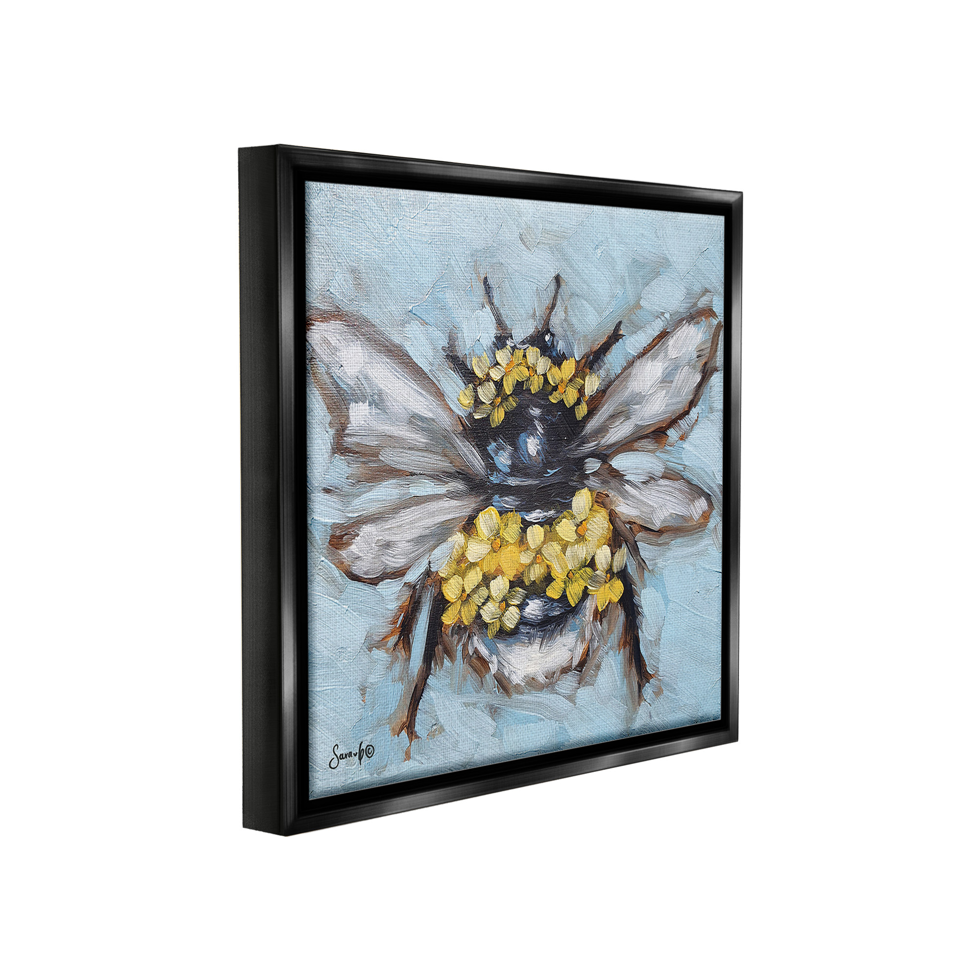 Stupell Industries Abstract Bee with Flowers Animals & Insects Painting Black Floater Framed Canvas Art Print Wall Art, 25 x 25