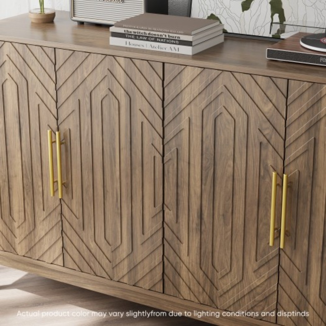 55.12" Modern Sideboard Cabinet, 4-Door Storage Buffet Cabinet with Adjustable Shelves, Curved Carved Doors & Gold Handles for Living Room, Dining Room & Entryway, Natural