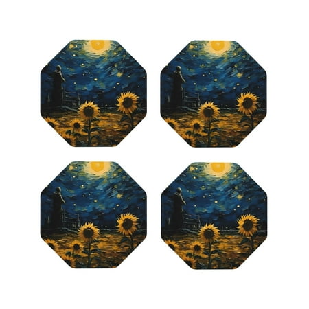 

Junzan Oil Starry Sky Sunflower Print Coasters for Drinks - Leather Coasters Set of 4 for Coffee Table for Housewarming/Kitchen/Bar/Decor-Octagon