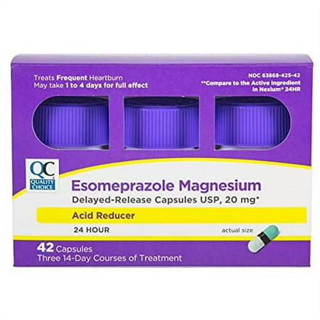 Quality Choice Esomeprazole Magnesium 20 mg Acid Reducer & Heartburn Relief, Delayed Release Capsules for 24 Hour (All Day and Night) Protection, 42 Count