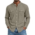 thumbnail image 2 of BVnarty Men’s Long Sleeve Mandarin Collar Dual Pocket Roll Tab Woven Shirt for Cool Season Casual Workwear Khaki S, 2 of 6