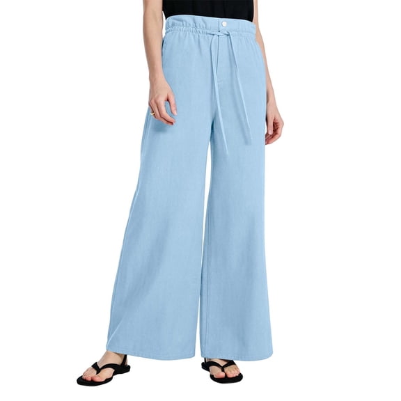VEKDONE Wide Leg Elastic High Waisted Pants for Women Summer Loose Fit Palazzo Pants Summer Casual Lightweight Beach Vacation Travel Trousers for Daily Wear Sky Blue XL