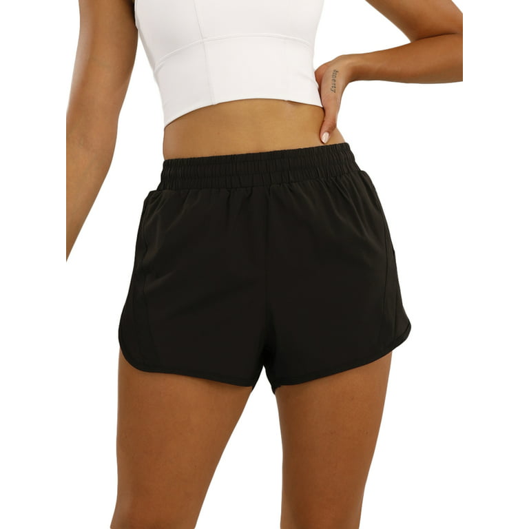 BMJL Women's Running Shorts Elastic High Waisted Shorts Pocket Sporty Workout  Shorts Quick Dry Athletic Shorts Pants Medium Black