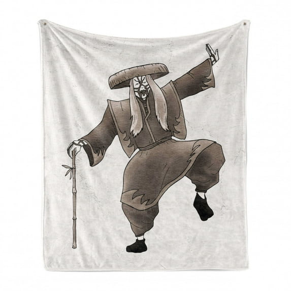 Kabuki Soft Flannel Fleece Throw Blanket, Oriental Style Artist with Make up and Costume Pose Dance Artwork, Cozy Plush for Indoor and Outdoor Use, 70" x 90", Umber White, by Ambesonne