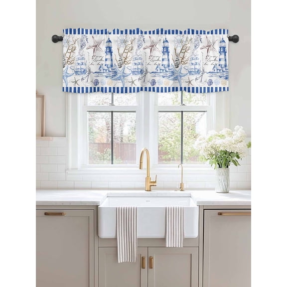 Kitchen Valances for Window, Starfish Nautical Anchor Shell Boat Light Filtering Rod Pocket Valance Curtain, Lighthouse Vintage Blue Stripe Short Curtains Window Topper for Bedroom 54x18in