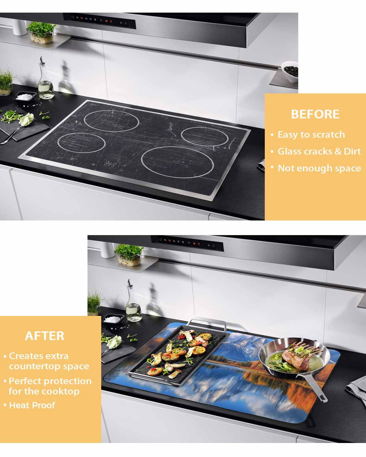 nqOlkjepod Large Induction Cooktop Protector Mat 24"x21", Blue Mountain Stove Top Covers for Electric Stove, Modern Art Yellow Trees Lake Decorative Stove Burner Cover Mats, Glass Top Stove Cover
