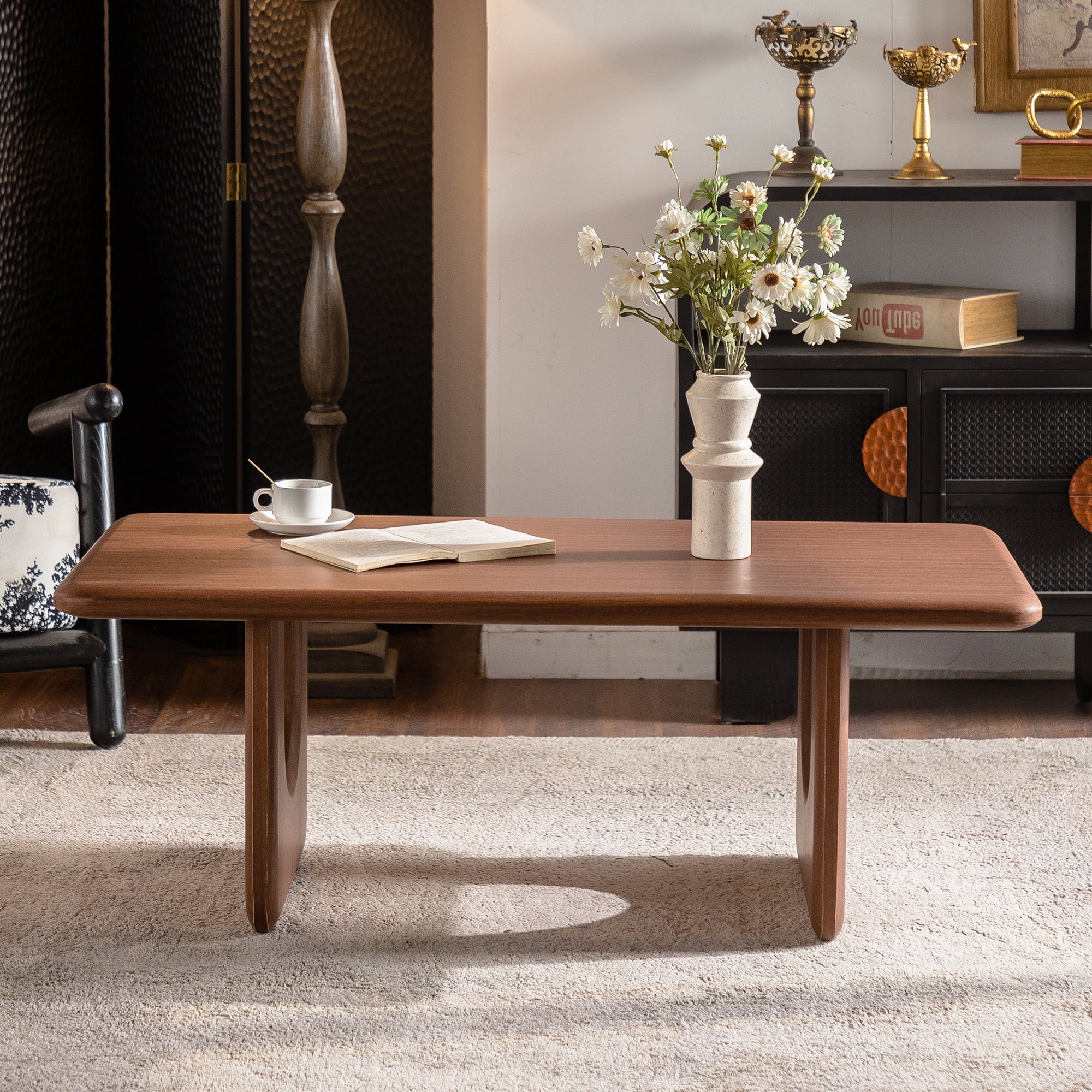Leumius Rectangular Wood Coffee Table, Modern Minimalist Coffee Table with U-Shaped Legs, Walnut Finish Low Center Table for Living Room, Mid-Century Cocktail Table for Home Office