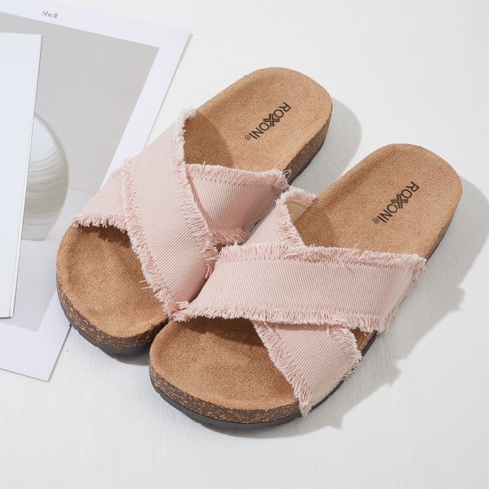 Roxoni Women’s Cross Strap Slide Sandals Denim Open Toe Comfort Slippers Cork Footbed Casual Summer Indoor Outdoor Footwear