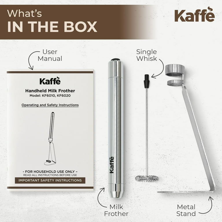 Kaffe Handheld Milk Frother w/ Stand, Battery Operated, Stainless Steel 