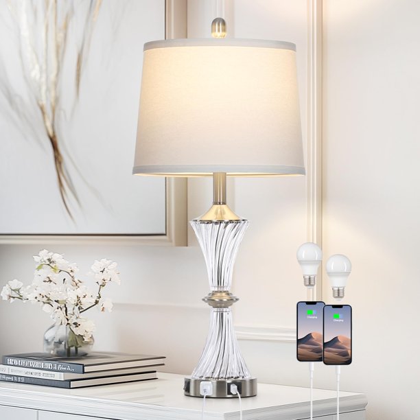 Lámpara Rinweey Cristal de Vidrio Plata con Puertos USB C+A y Enchufe AC