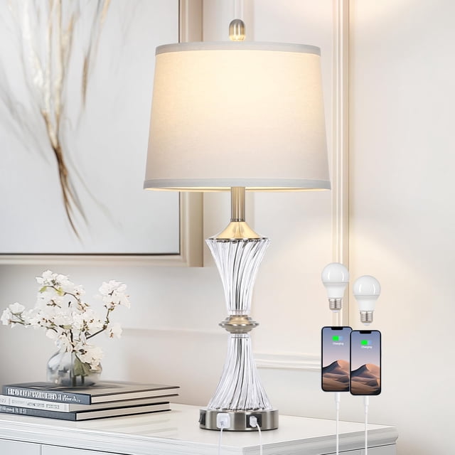 Lámpara Rinweey Cristal de Vidrio Plata con Puertos USB C+A y Enchufe AC