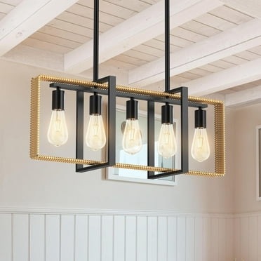 Kitchen Island Light Fixture Over Table, Farmhouse Chandeliers for Dining Room, 5-Light Adjustable Dining Room Light Fixtures, Rattan Metal Pendant Light for Kitchen Island