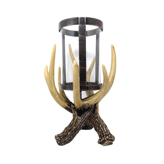 Faux Antler Hurricane Candle Holder – Rustic Pillar Candle Holder for Farmhouse, Cabin, Lodge Table Centerpiece & Home Décor