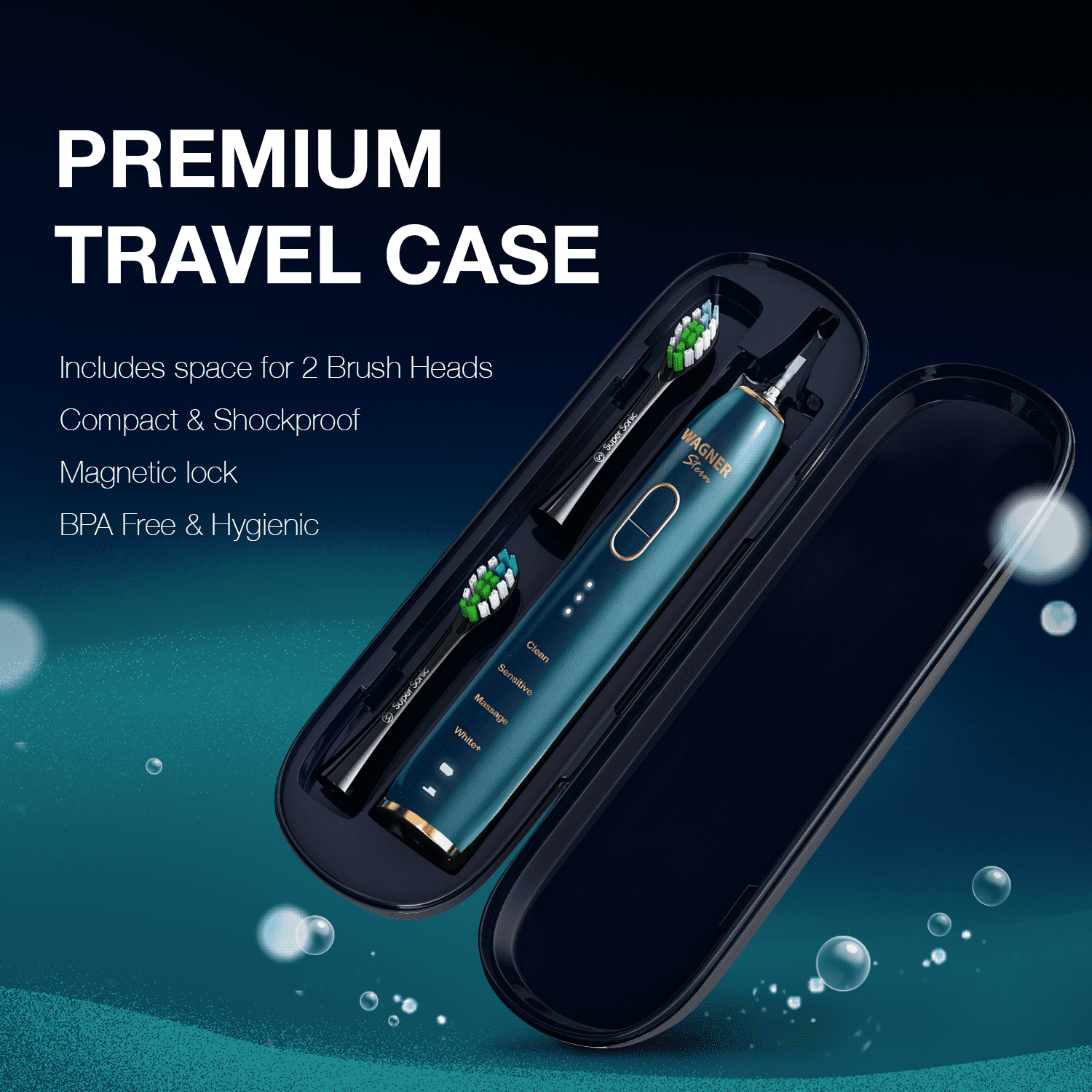 Wagner Stern IntelliBrush Series Whitening Electric Toothbrush with Pressure Sensor. Offers 4 Brushing Modes, 3 intensities, 8 Soft Brush Heads, and a Luxury Travel case.