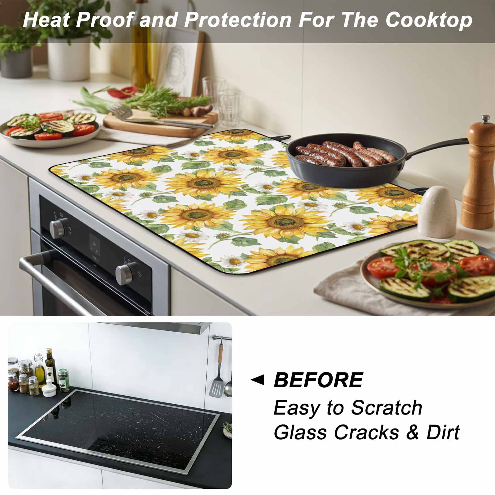 Sunflower Stove Top Cover for Electric Stove, Heat-proof & Non Slip Glass Top Stove Cover Protector, Farmhouse Watercolor Botanical Summer Kitchen Flat Cooktop Rubber Mat 24x21 Inches
