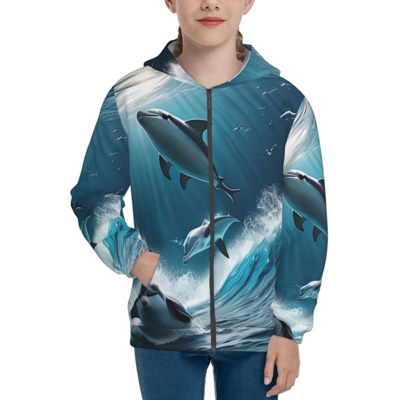 Kdxio Ice Blue Ocean Cute Dolphin A Pattern Kids Boys Girls Zip Up Hoodie 3D Printed Hooded Sweatshirt Hoody Coat with Pocket 7-12 Y-Small
