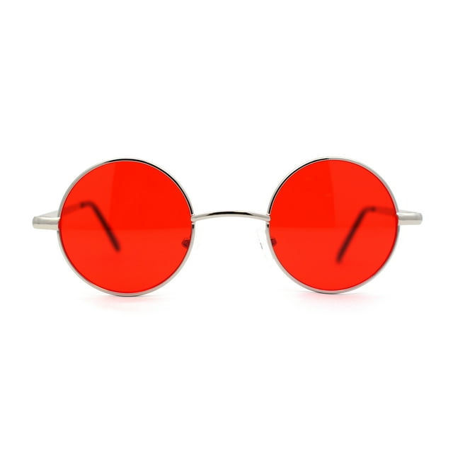 Lunettes de Soleil Rétro Ajustées à Petit Cercle Rond avec Lentille, Style Hippie, Argent Rouge