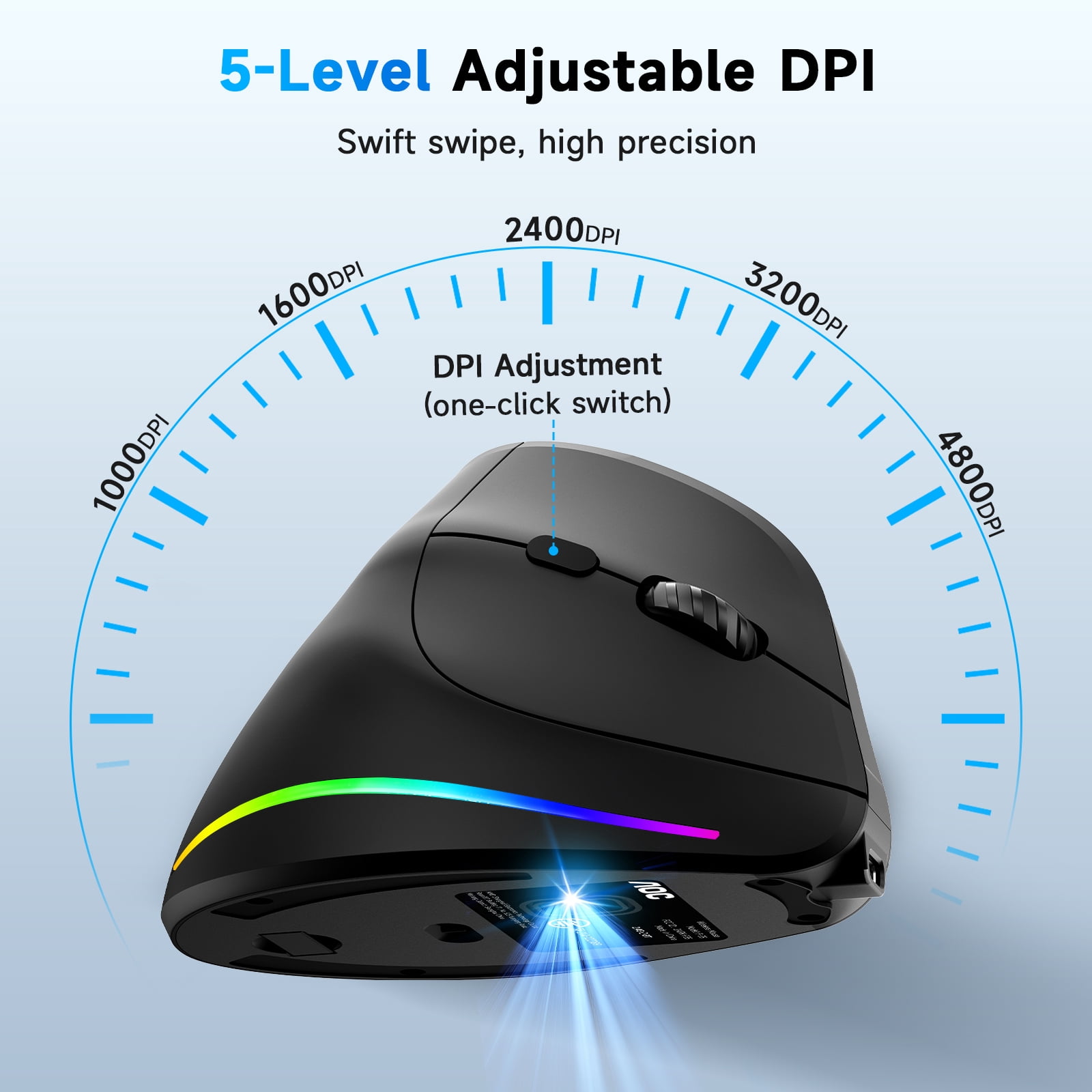 AOC Ergonomic Mouse, Wireless Rechargeable Vertical Mouse, 200H Working Time, 4800 DPI Optical Tracking, Silent Button, RGB, 2.4GHz Programmable Mice for Laptop, Desktop, MacBook, Black